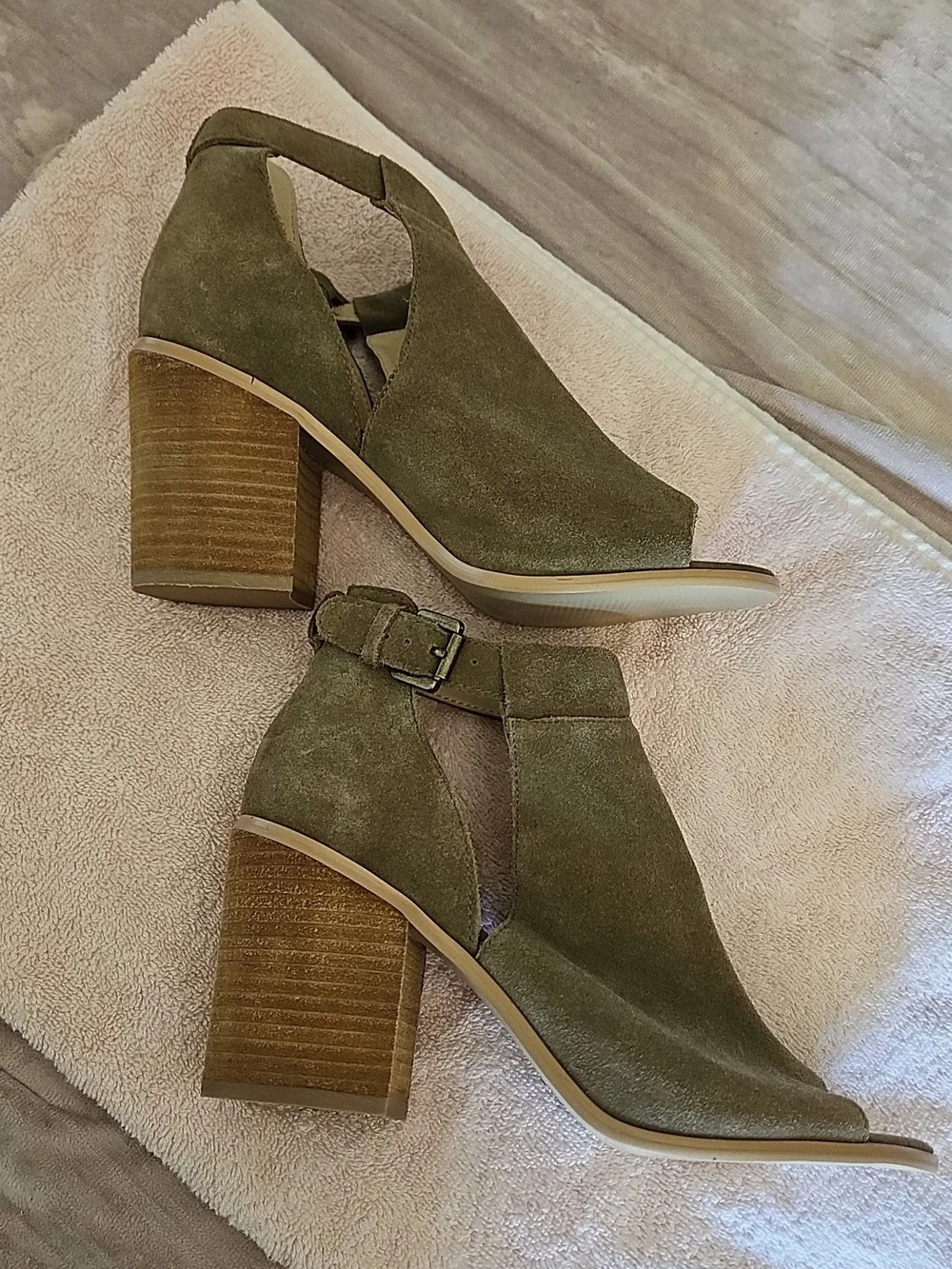 Sole Society Taupe Real Suede Open-Toe Block Heel Bootie, New, Size 7.5